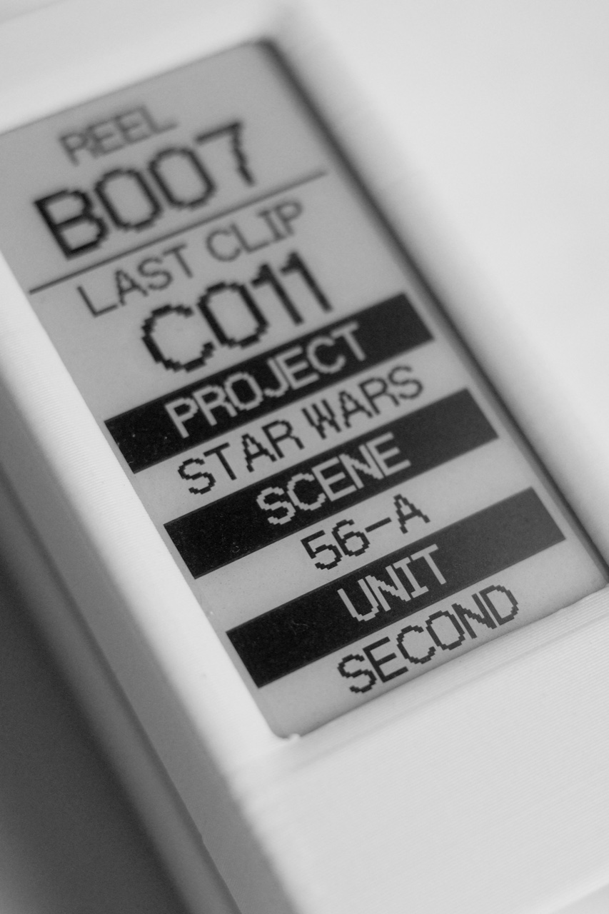 Cineink showing custom text: PROJECT STAR WARS, SCENE 56-A, UNIT SECOND