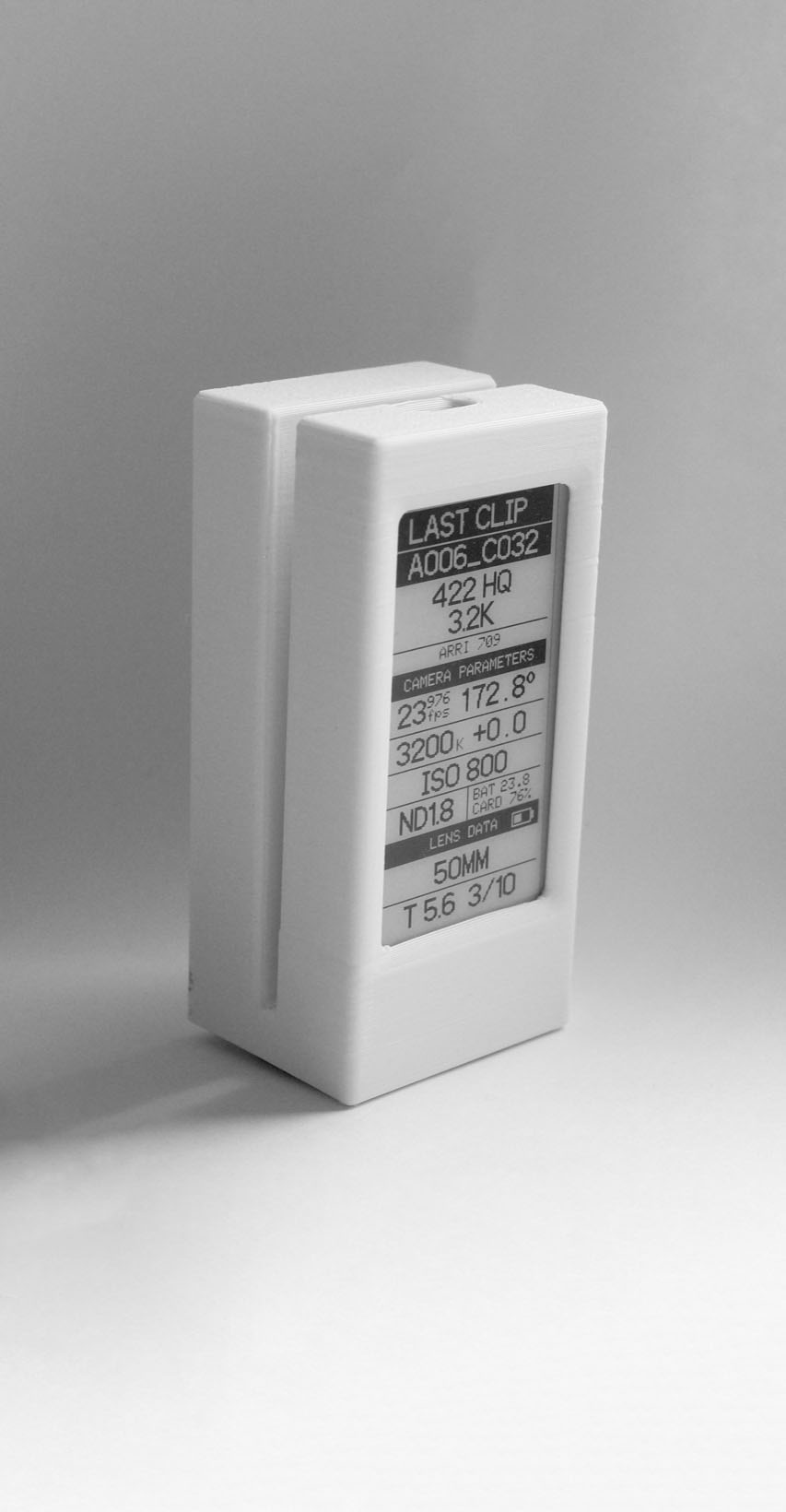 Cineink in its 3D-printed clip-on enclosure, full-length studio view