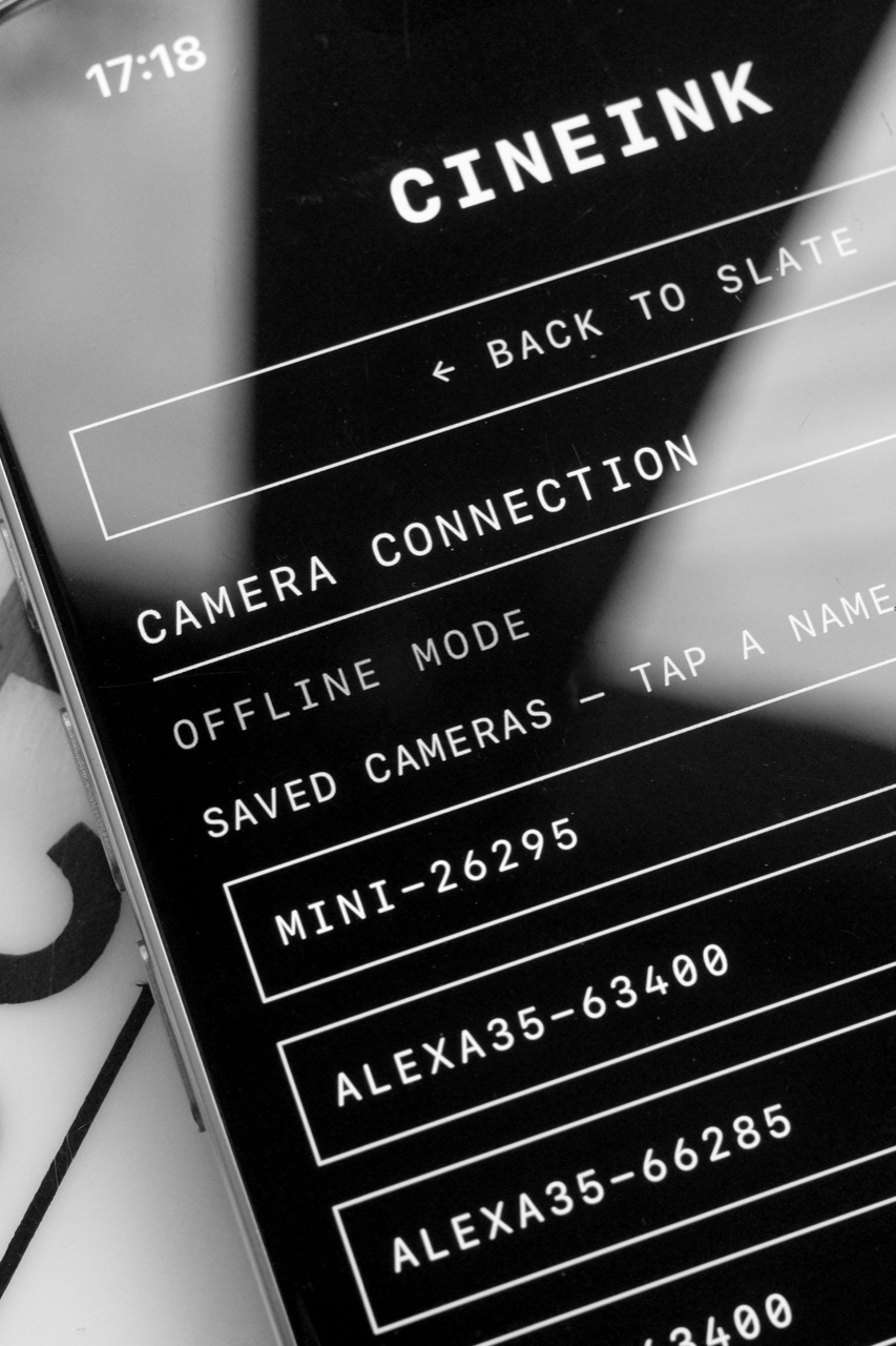 Cineink web control page open on a phone, showing camera connection and saved cameras