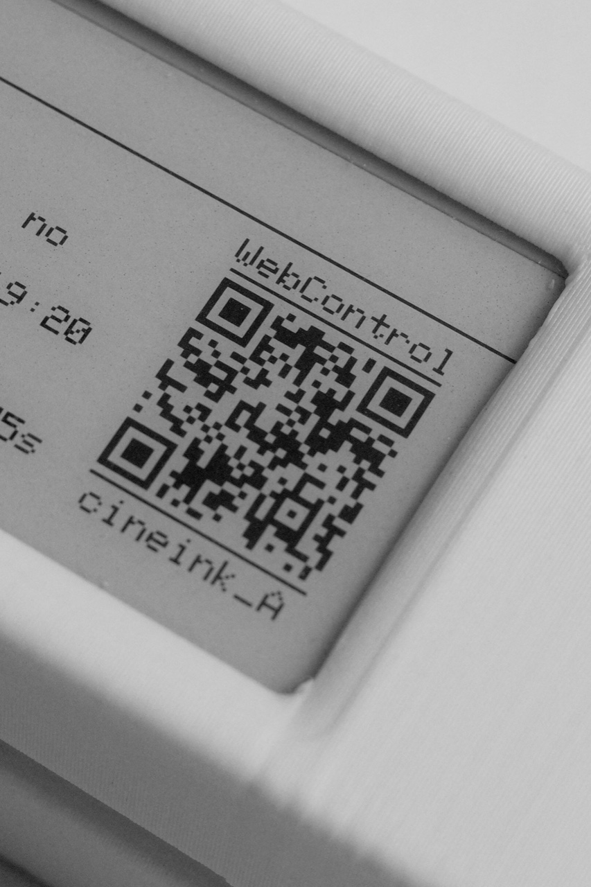Cineink e-ink panel showing a QR code to open the control page
